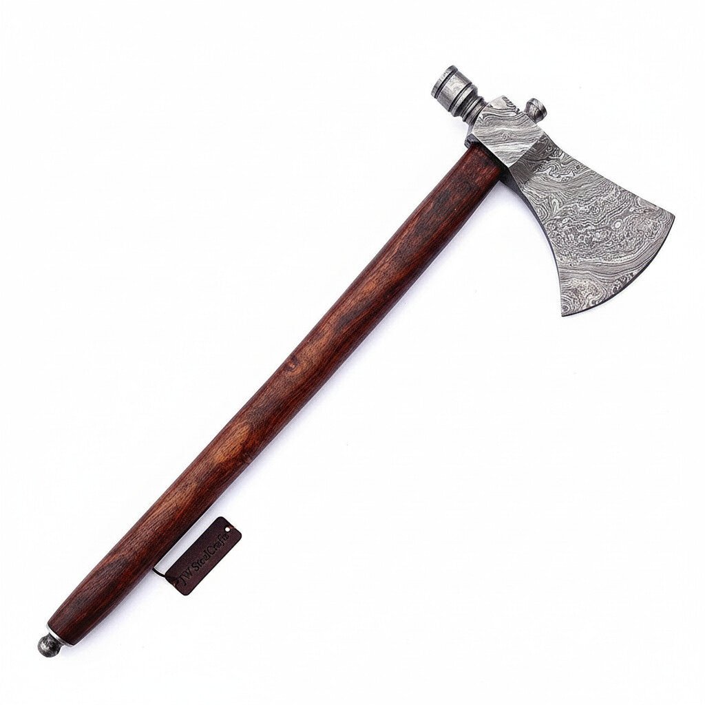 Late-Era Viking Skeggøx Utility Axe with Pattern-Welded Damascus Blade and Smoked Hardwood Handle