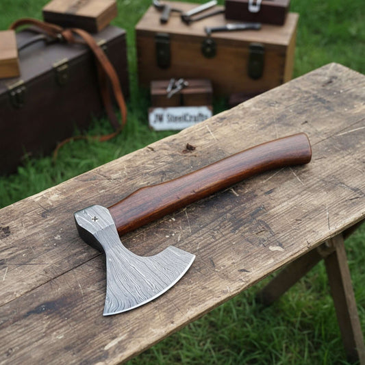 Field Ready Camping Axe, Artisan Pattern Steel Blade, Balanced Wood Handle