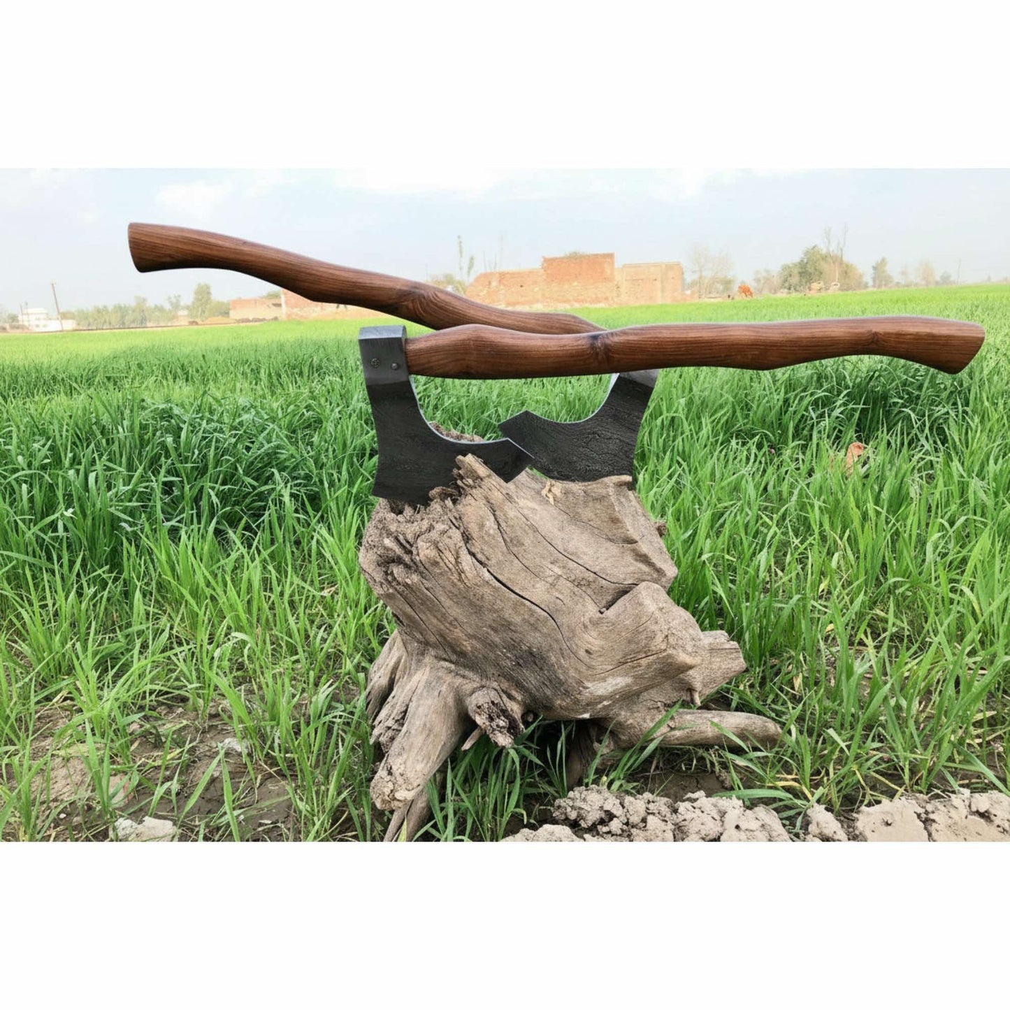 Matching Pair of Hand-Forged Damascus Bearded Axes with Curved Rosewood Handles