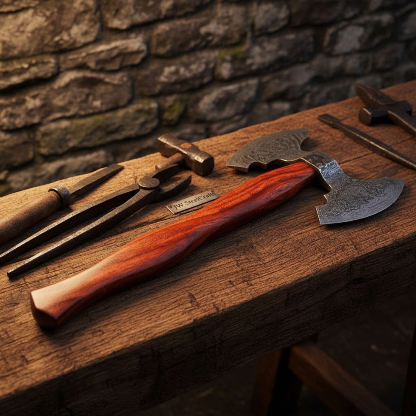 Handmade Viking Camp Axe, Broad Crescent Pattern-Welded Blade