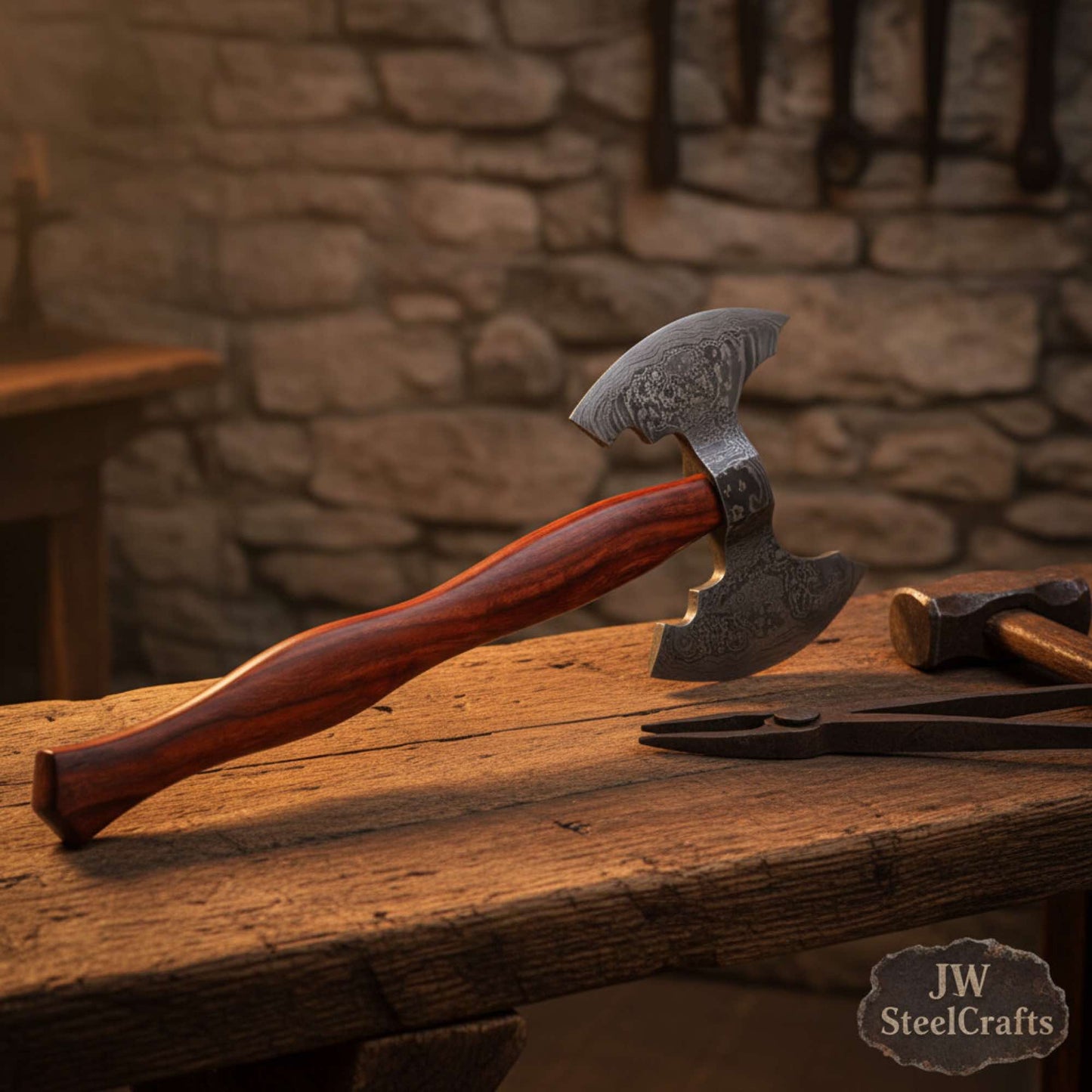 Handmade Viking Camp Axe, Broad Crescent Pattern-Welded Blade