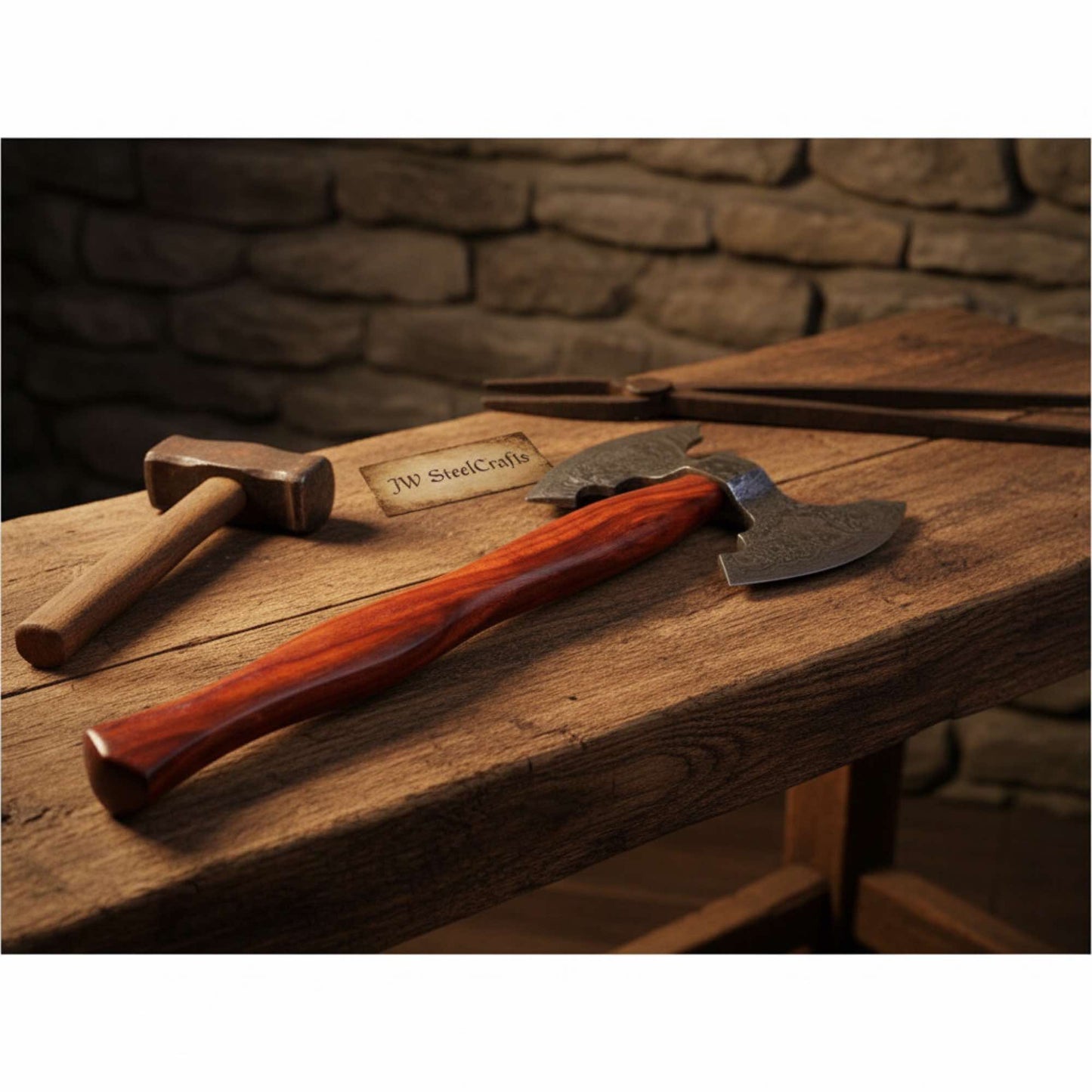 Handmade Viking Camp Axe, Broad Crescent Pattern-Welded Blade