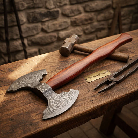 Handmade Viking Camp Axe, Broad Crescent Pattern-Welded Blade