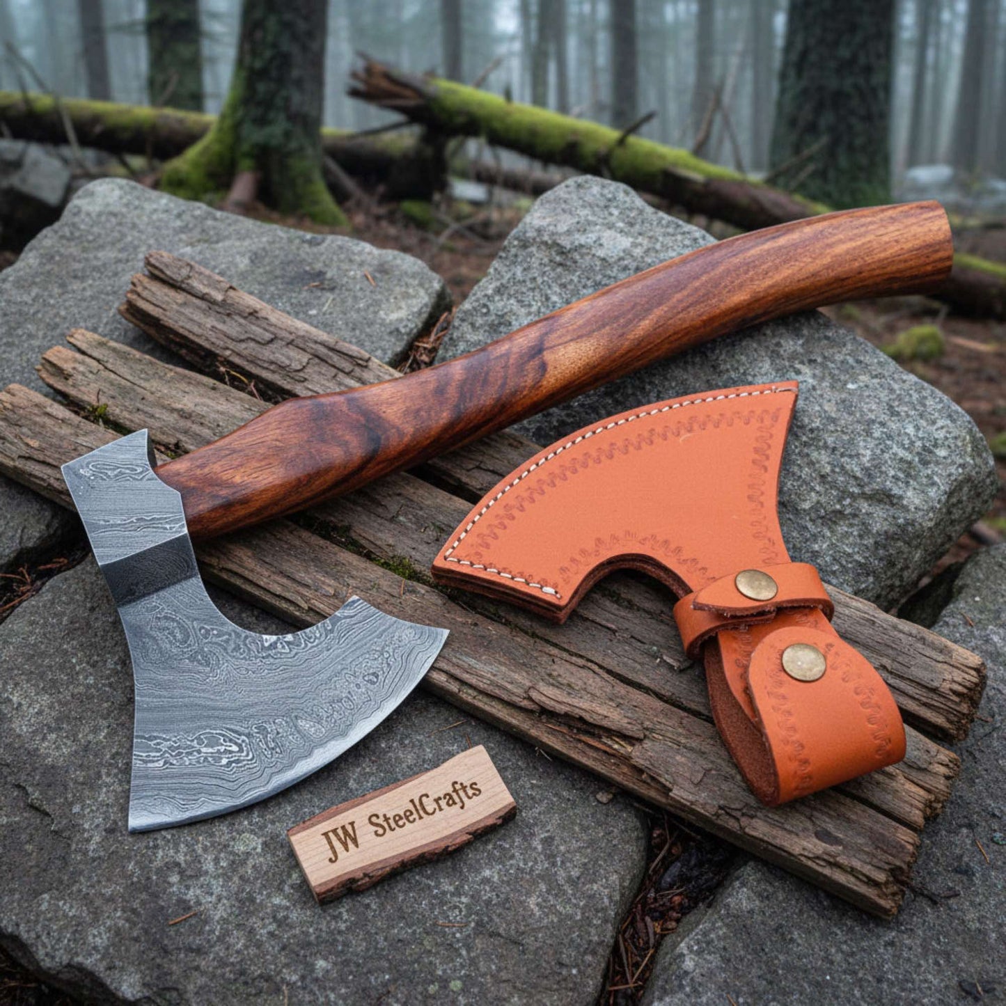 Pattern-Welded Damascus Viking Bearded Axe with Curved Rosewood Handle