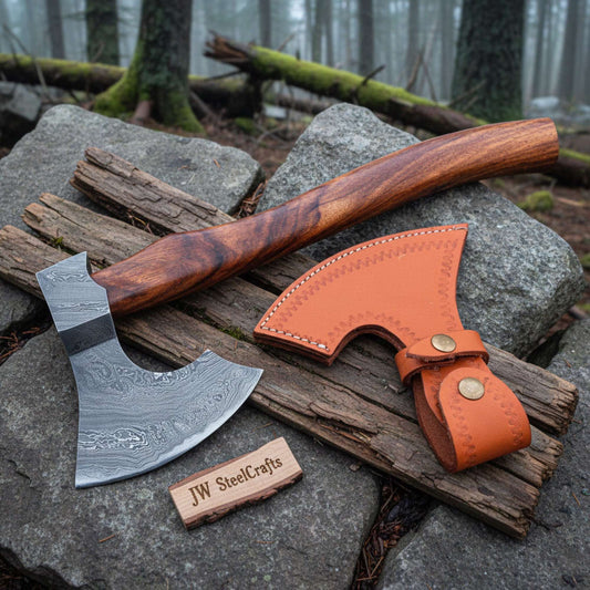 Pattern-Welded Damascus Viking Bearded Axe with Curved Rosewood Handle
