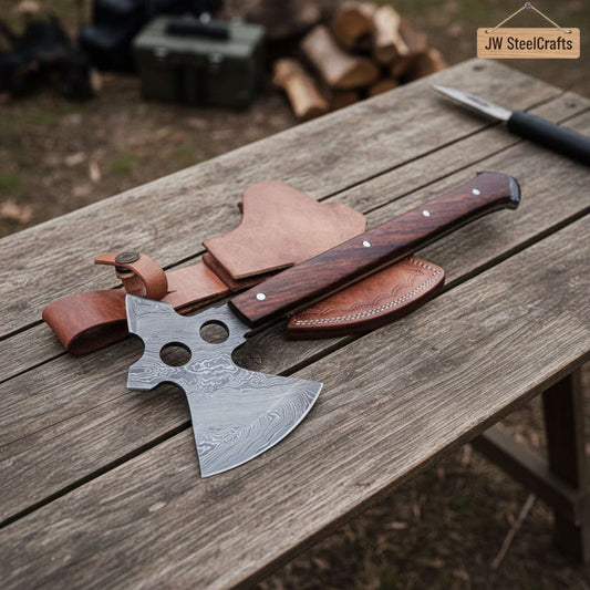 Full-Tang Damascus Camping Axe with Rosewood Handle Scales, Skeletonized Spine & Leather Sheath | JW SteelCrafts
