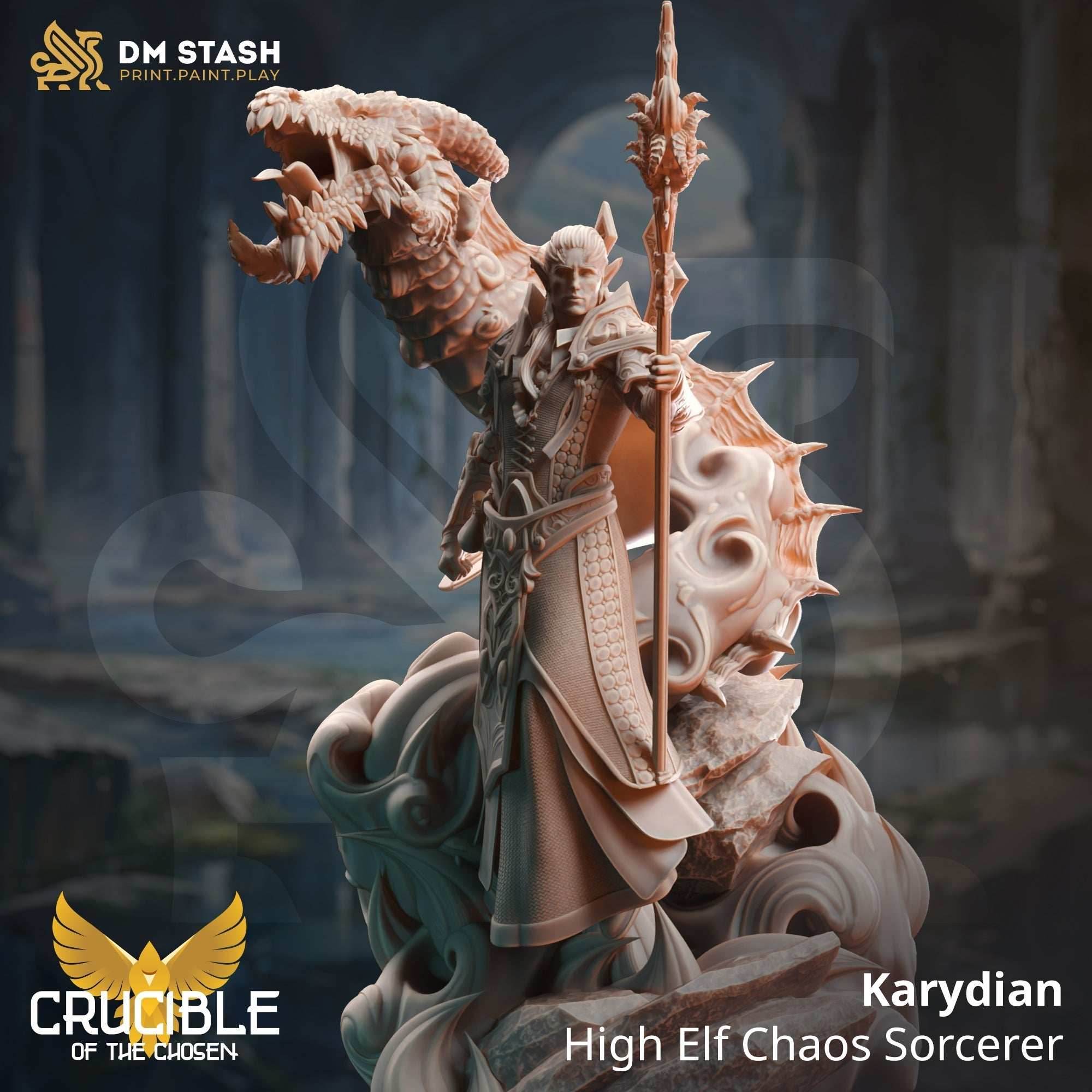 Karydian, High Elf Chaos Sorcerer (Male Elf Sorcerer with Dragon) - 32mm Scale