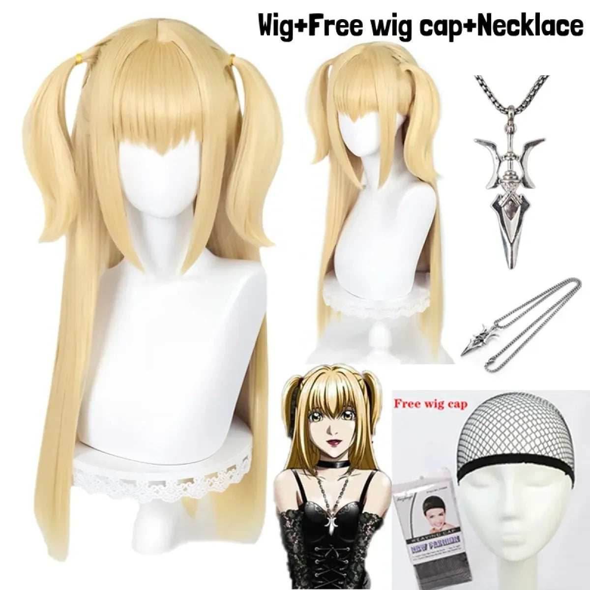 Misa Amane Cosplay Wig – Death Note Blonde Twin Tails with Wig Cap Set - Wig and Necklace / One Size