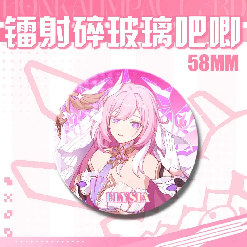 Kawaii Honkai Impact 3 Valkyrie Girls 58mm Laser Pin Badge Cosplay Accessories for Clothes Backpack Decor Brooch Gifts Keychain