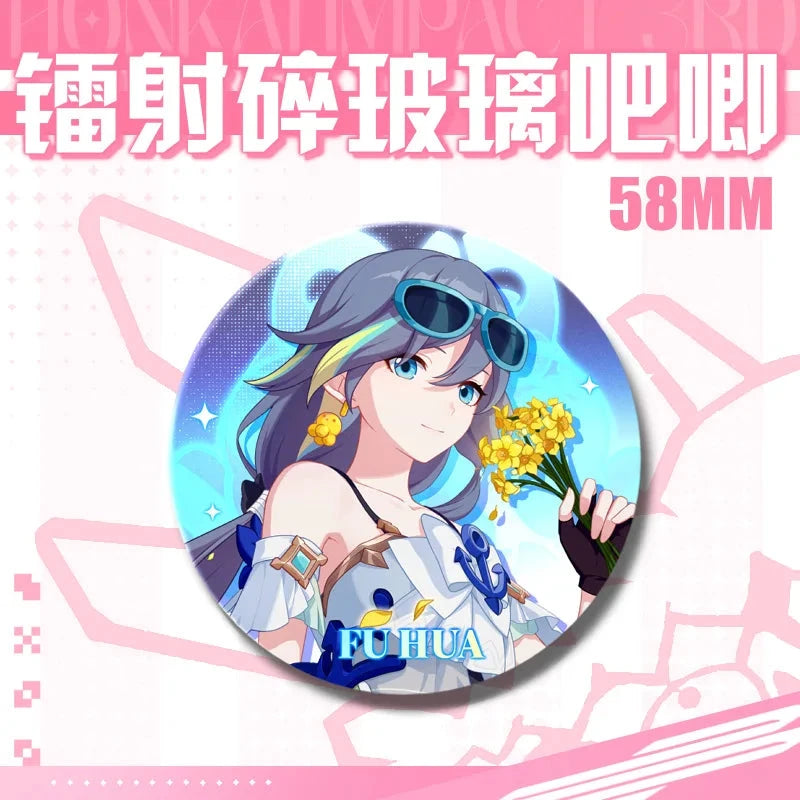 Kawaii Honkai Impact 3 Valkyrie Girls 58mm Laser Pin Badge Cosplay Accessories for Clothes Backpack Decor Brooch Gifts Keychain