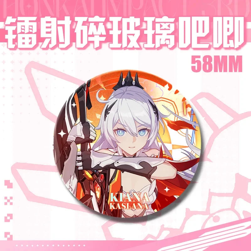 Kawaii Honkai Impact 3 Valkyrie Girls 58mm Laser Pin Badge Cosplay Accessories for Clothes Backpack Decor Brooch Gifts Keychain