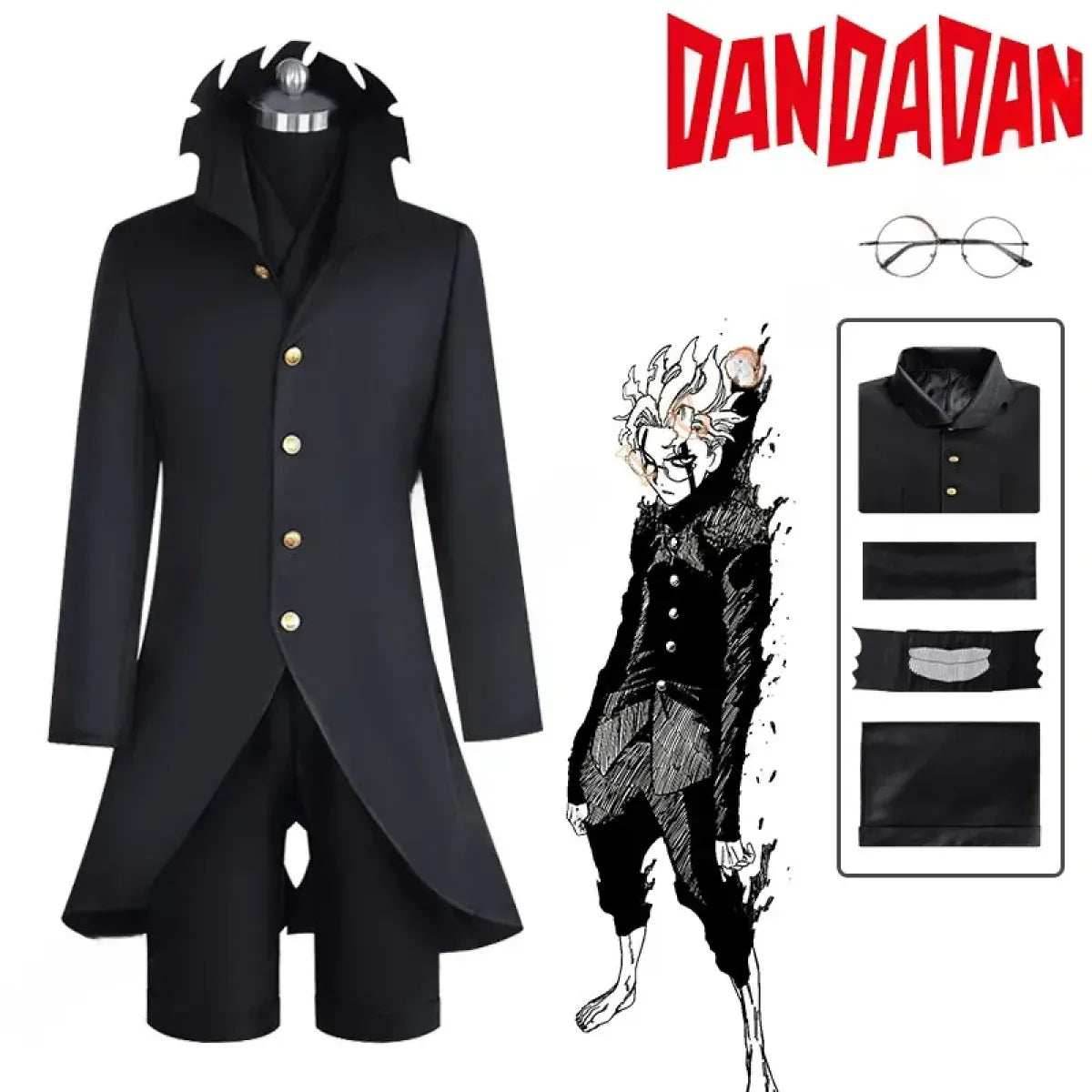 Dandadan Ken Takakura Okarun Cosplay – Black Uniform with Wig & Glasses - S / Costume Glasses