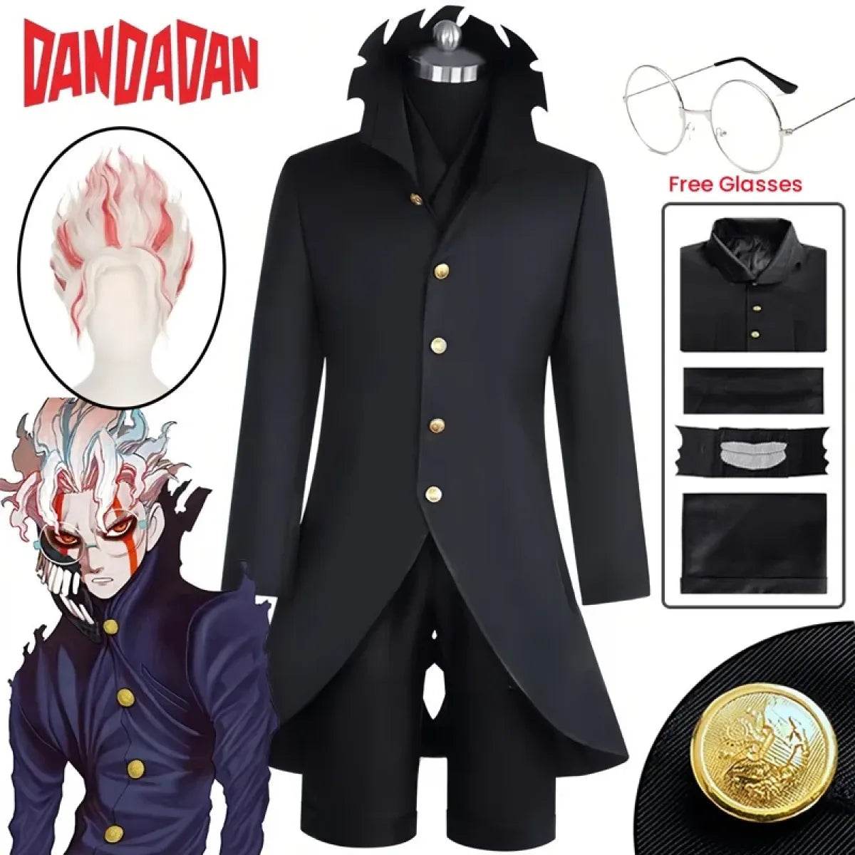 Dandadan Ken Takakura Okarun Cosplay – Black Uniform with Wig & Glasses - S / Costume Glasses