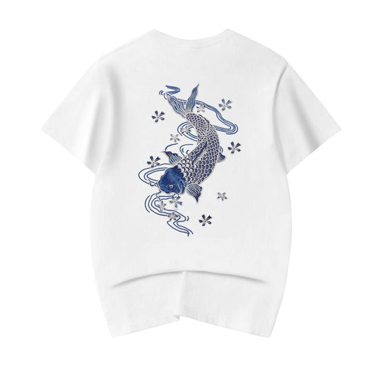 KH801 Blue Koi Embroidery Tee - White / S