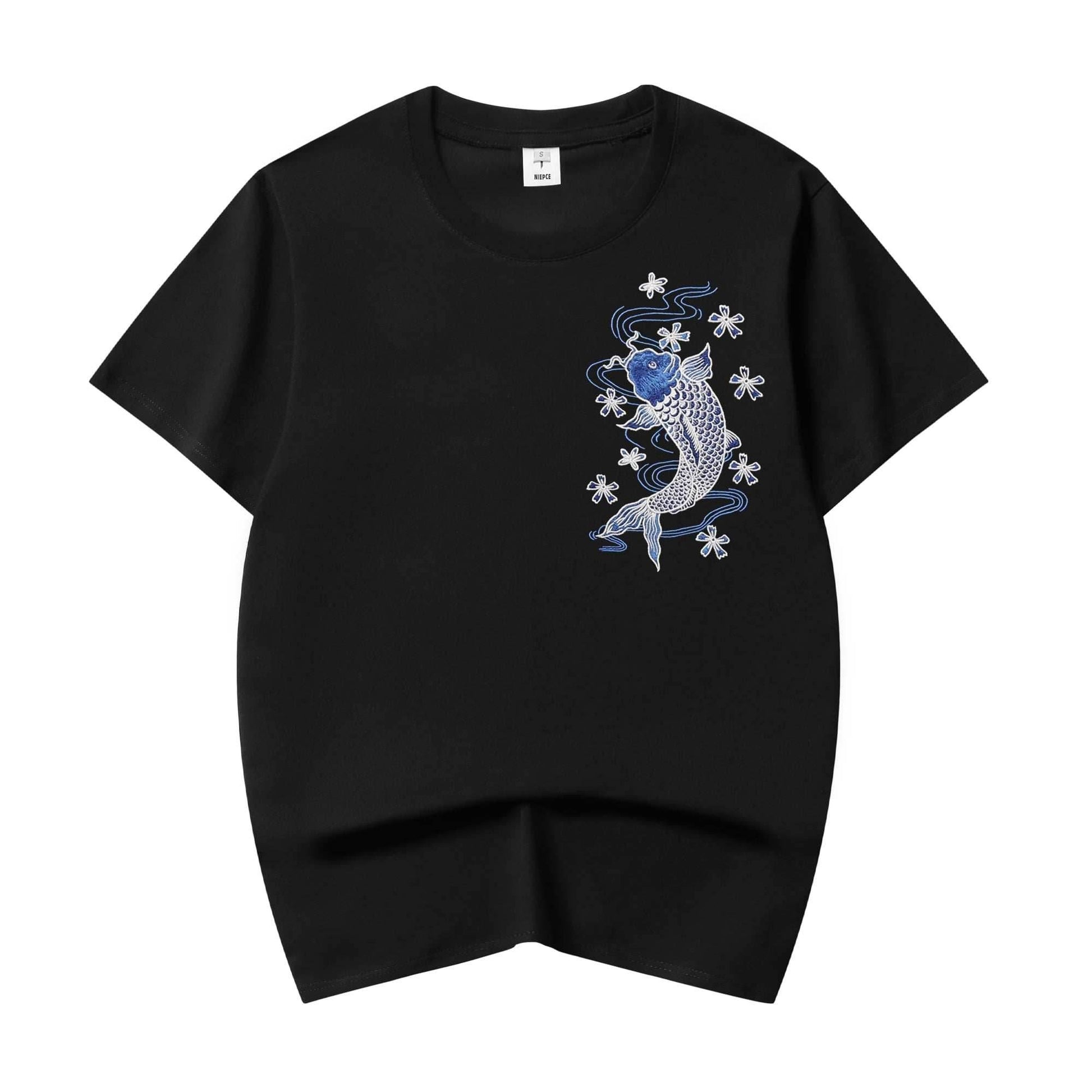 KH801 Blue Koi Embroidery Tee - White / S