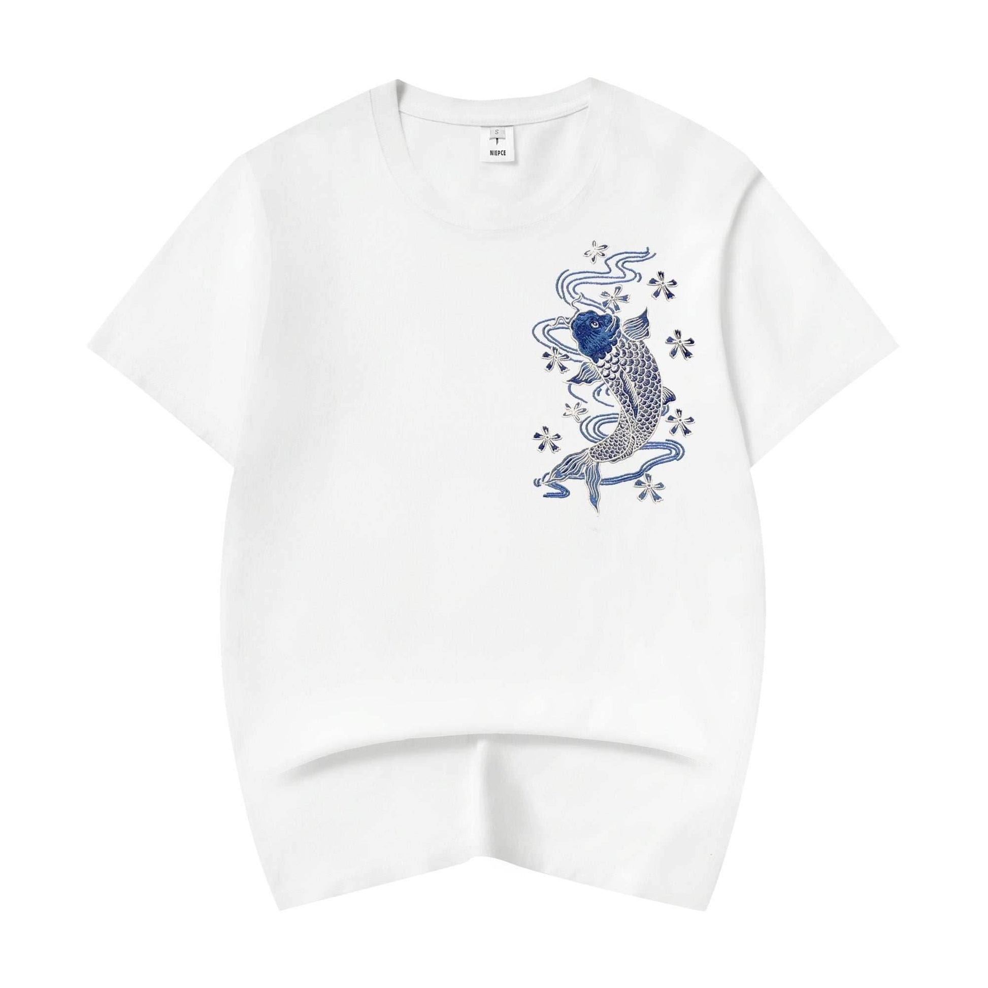 KH801 Blue Koi Embroidery Tee - White / S