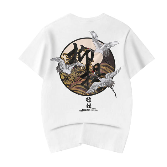 KH806 Movement of Cranes Embroidery Tee - White / S