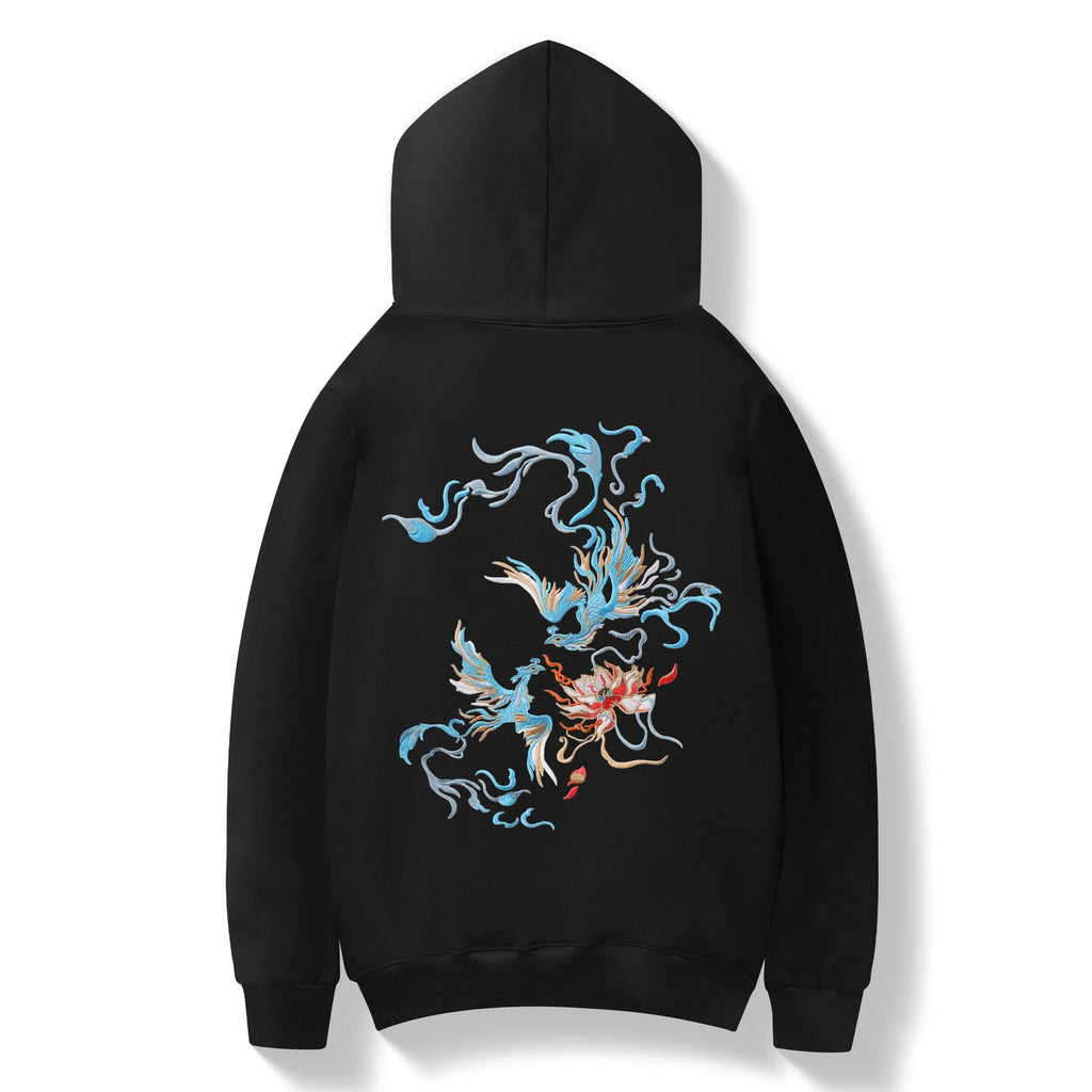 KH9010 Blue Phoenix Embroidery Hoodie - Black / S