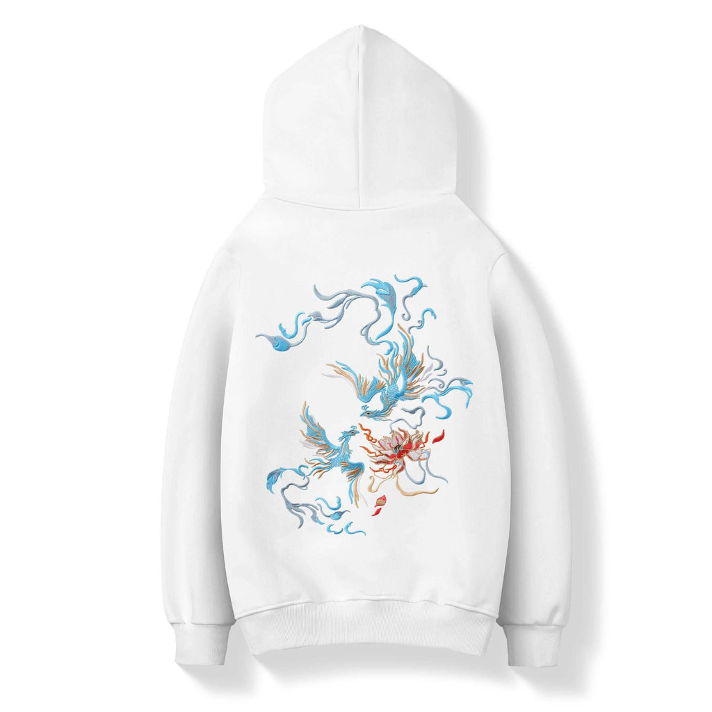 KH9010 Blue Phoenix Embroidery Hoodie - White / S