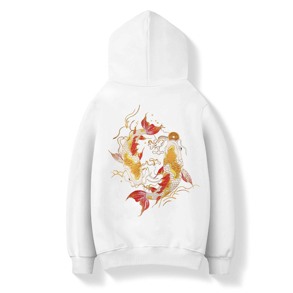 KH9013 Golden Koi Fish Embroidery Hoodie - White / S