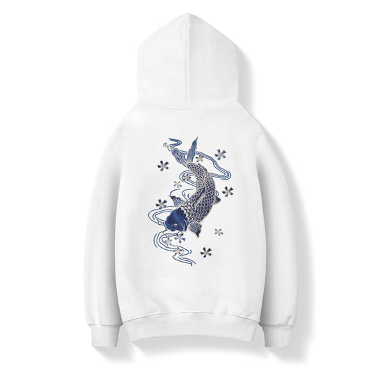 KH9015 Blue Koi Embroidery Hoodie - White / S