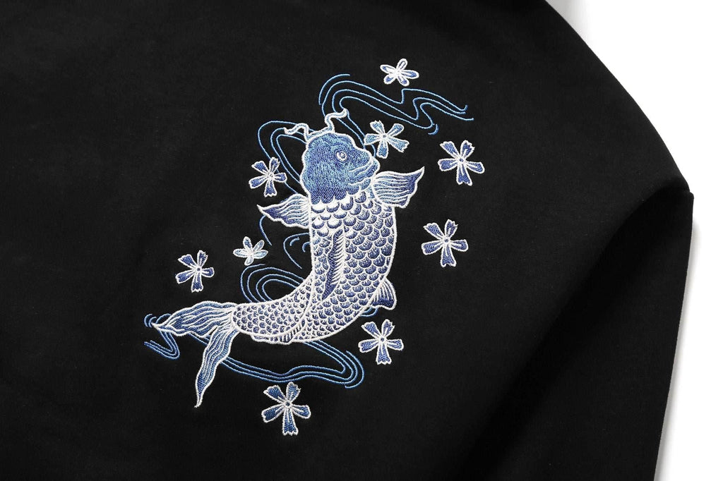 KH9015 Blue Koi Embroidery Hoodie - White / S