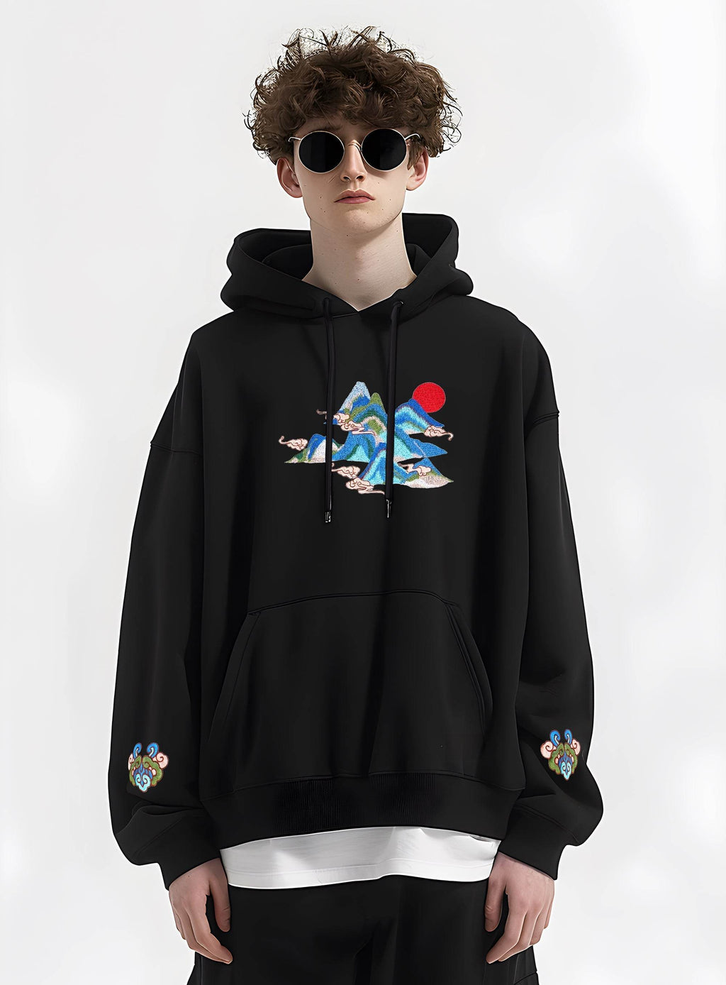 KH9232 Mountains Embroidery Hoodie - Black / S