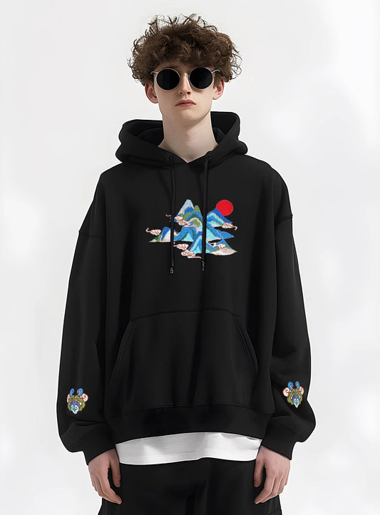 KH9232 Mountains Embroidery Hoodie - Black / S