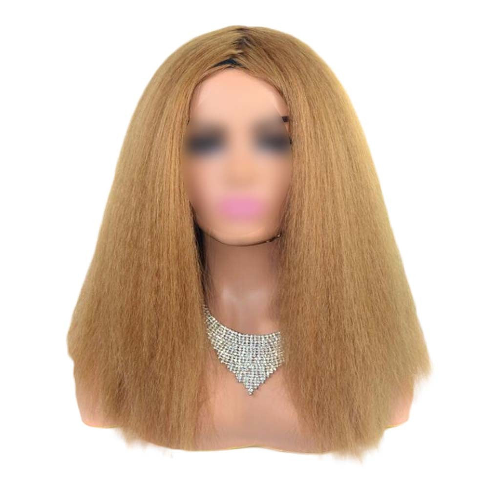 Khaki Afro Straight Bob Wigs Fluffy Synthetic Hair Yaki Straight Curly Medium Part Bang Full Wigs, 14Inch