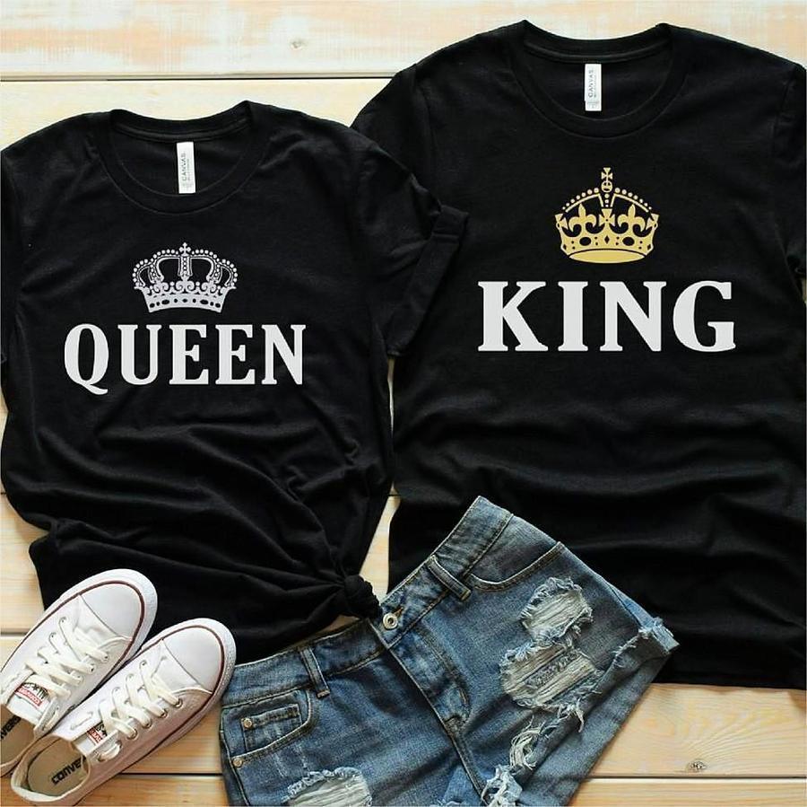 King Queen Crown Print Couple T Shirt Lovers Short Sleeve O Neck Loose Tshirt Fashion Woman Man Tee Shirt Tops Clothes