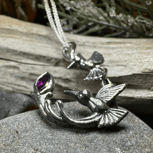 Celtic Hummingbird Necklace - Rhodolite