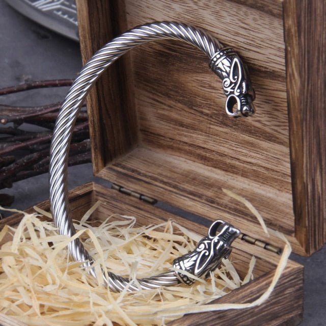 Knotwork Wolves of Ragnarok Geri & Freki Torc Bracelet | Stainless Steel