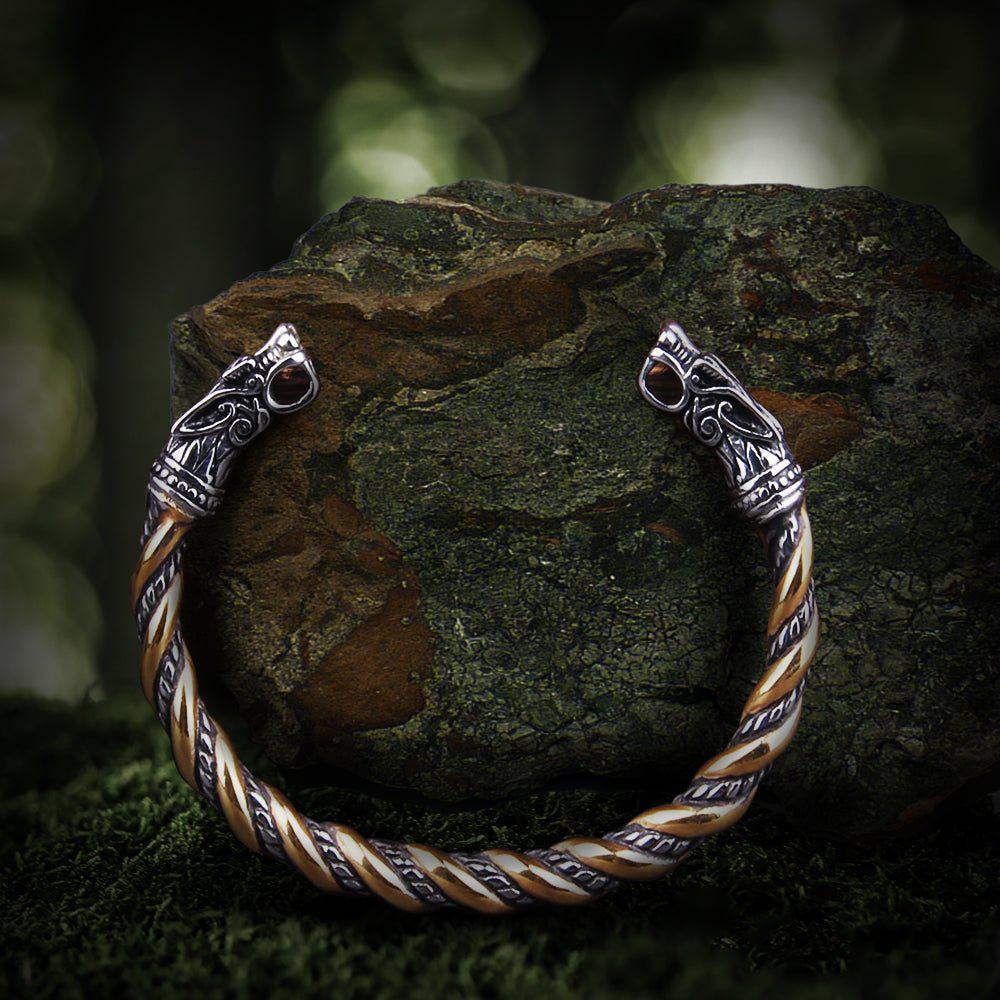 Bracelet Loups Knotwork de Ragnarok Geri &amp; Freki Torc | Or torsadé et acier