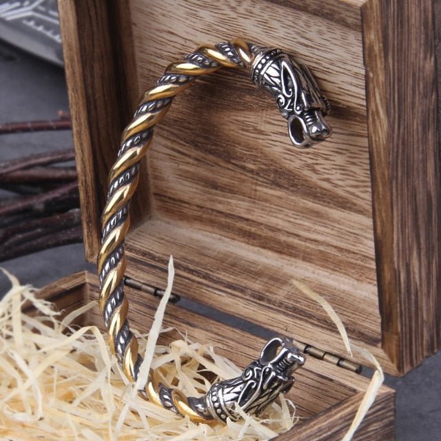 Bracelet Loups Knotwork de Ragnarok Geri &amp; Freki Torc | Or torsadé et acier