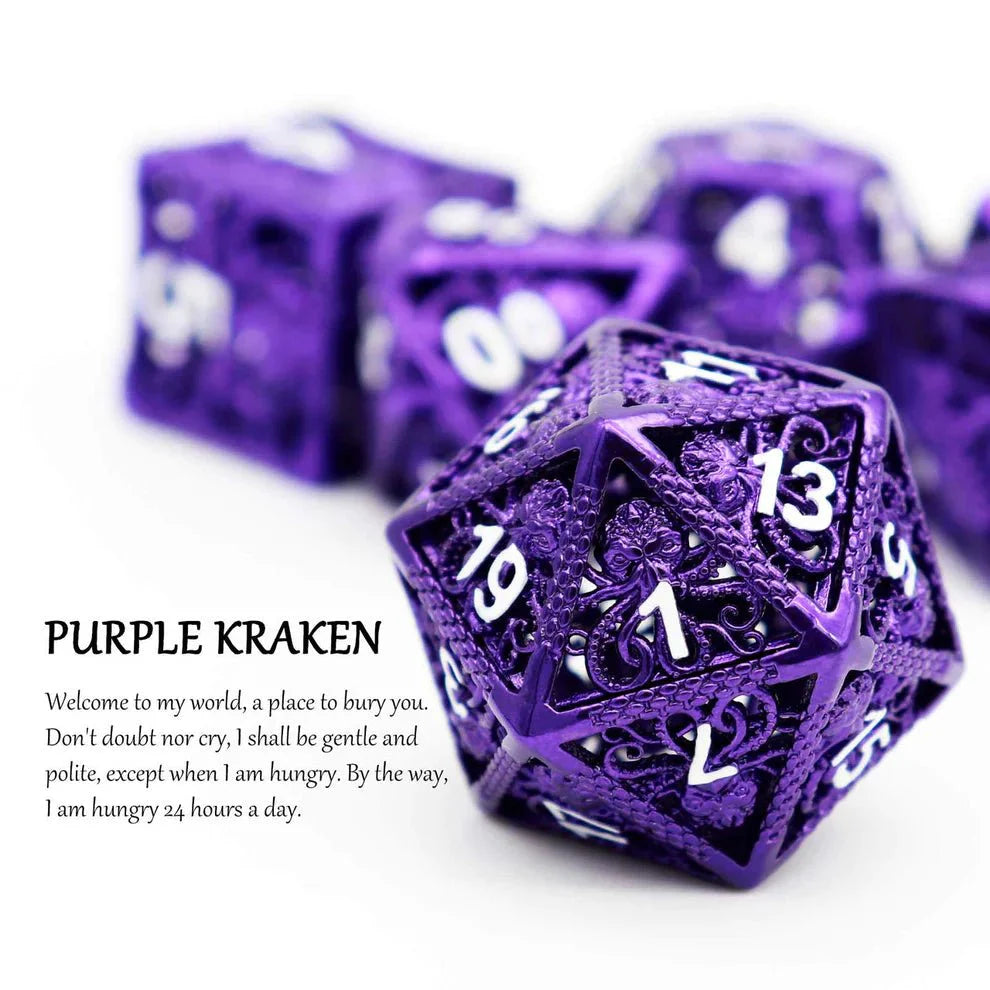 Kraken: Hollow Metal Dice Set, Purple White Numbers-2