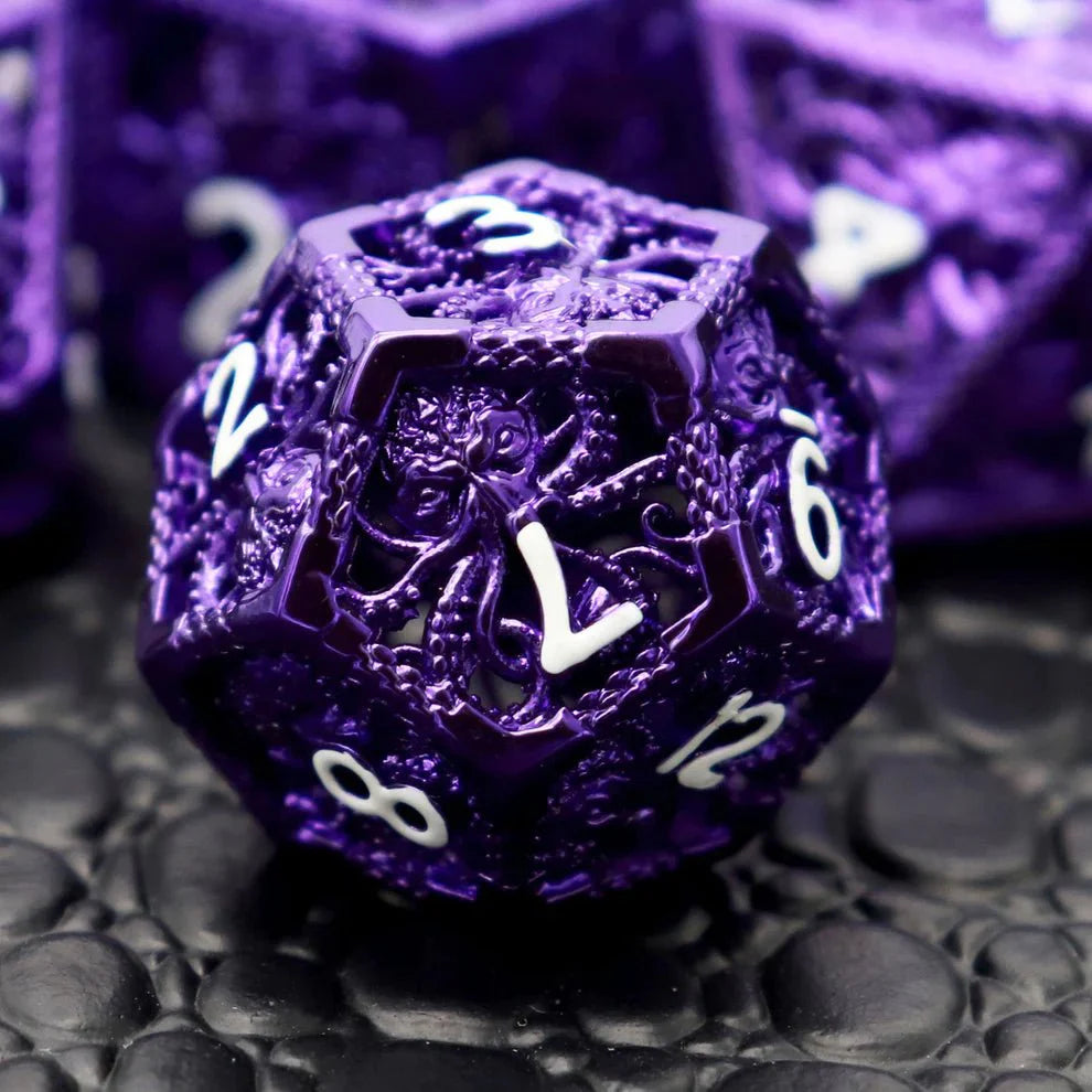 Kraken: Hollow Metal Dice Set, Purple White Numbers-3
