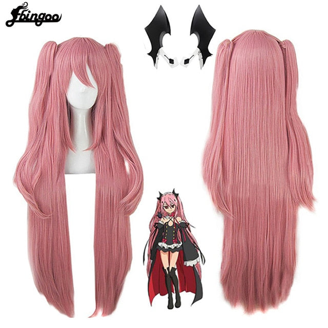 Krul Tepes Wig Pink Synthetic Cosplay Wig Double Ponytail Natural Long Straight Wig for Women Costume Party