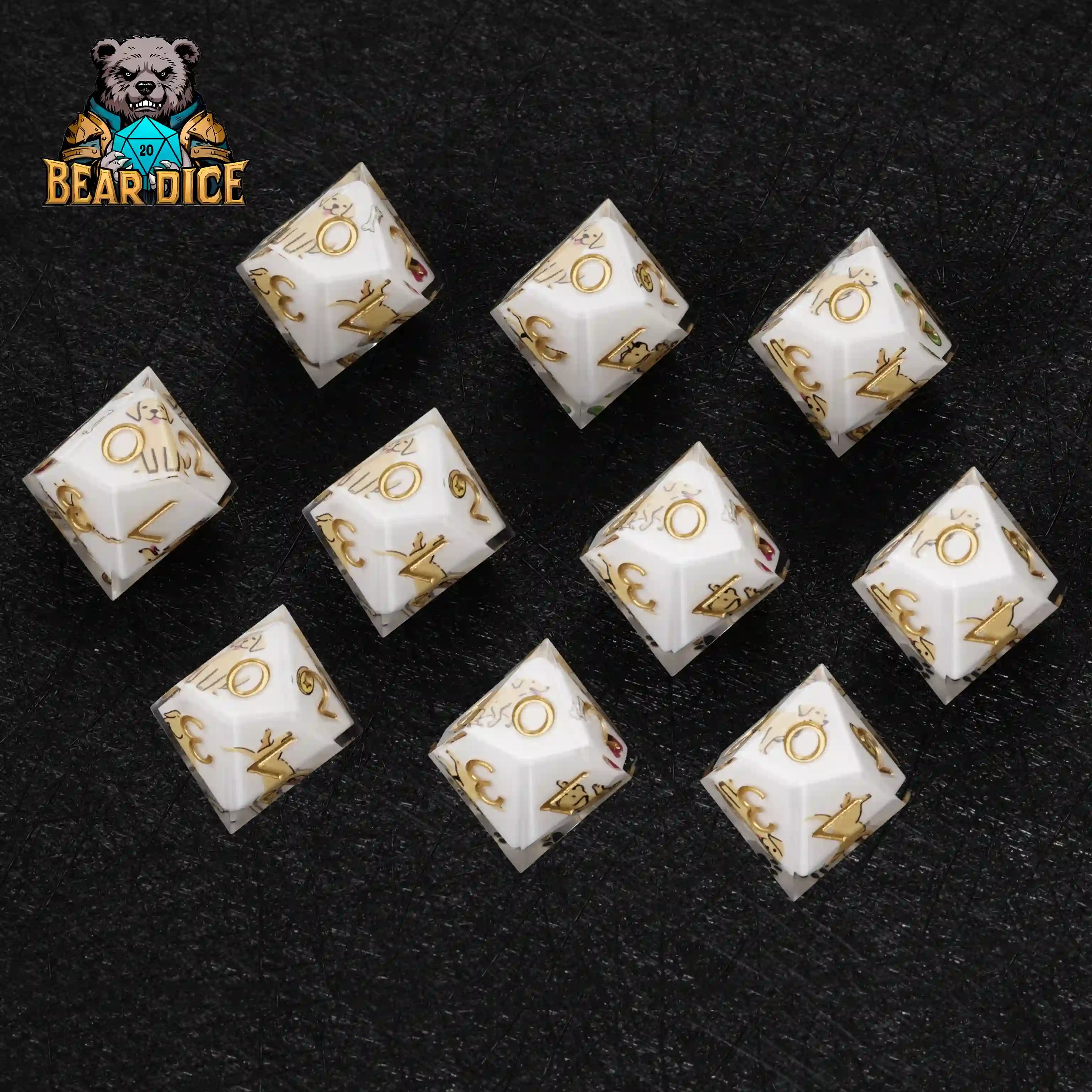 White Labrador Resin D10 Dice Set + Gold Numerals (D10 Dice)
