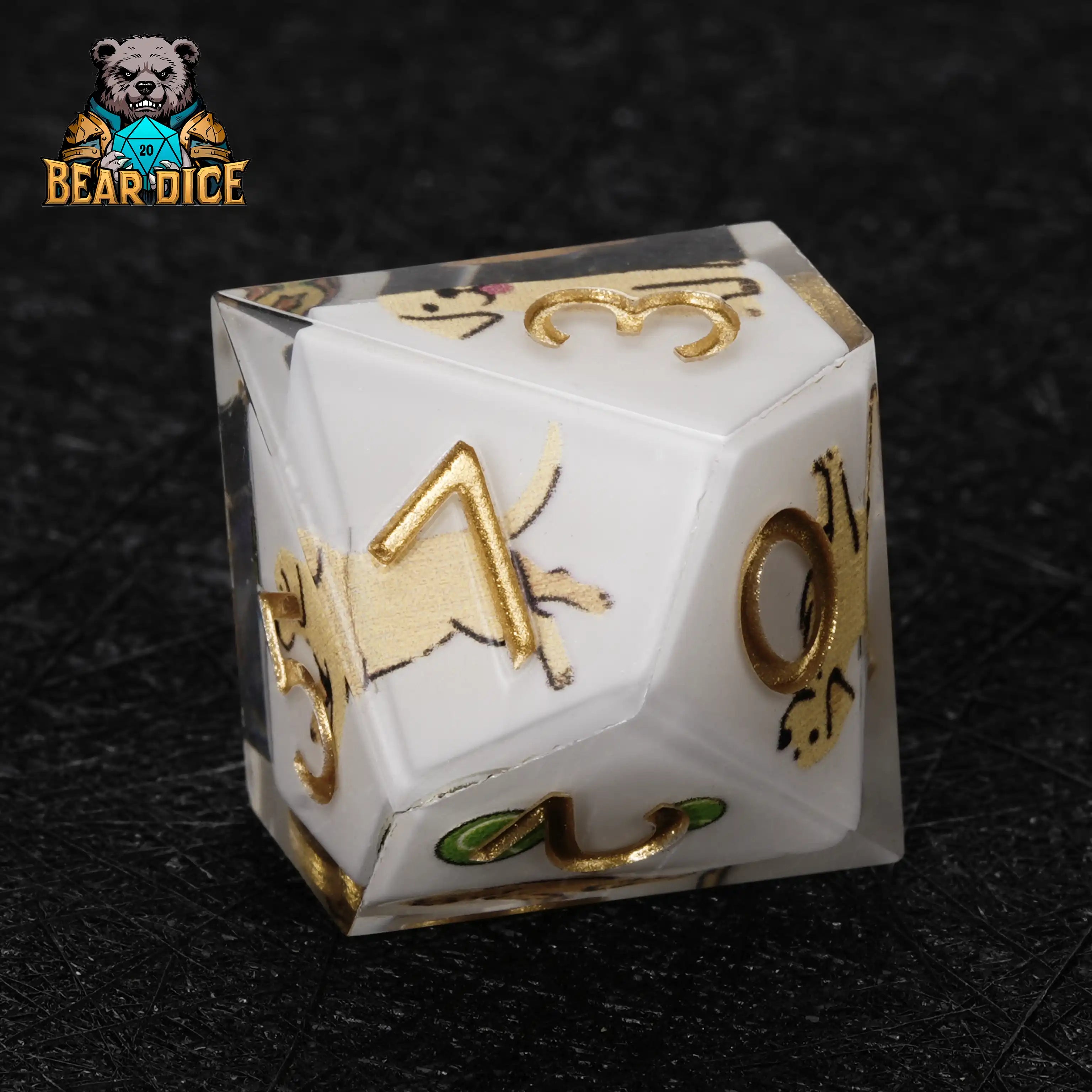 White Labrador Resin D10 Dice Set + Gold Numerals (D10 Dice)