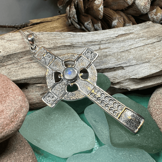 Gibrian Celtic Cross Necklace - 18 / Rainbow Moonstone