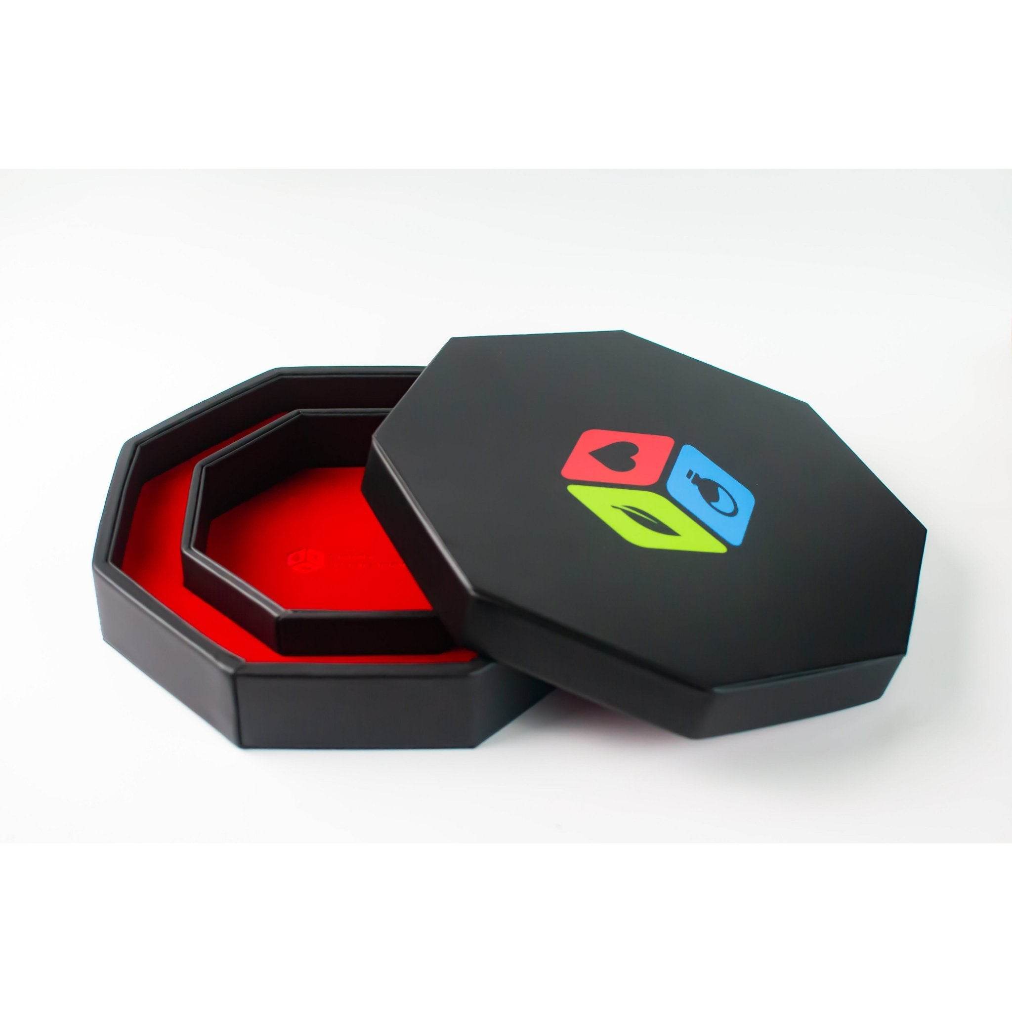 Leather Dice Vault With Lid, Storage for 5 Sets of Dice, and Staging Area (Red, Green, Blue, Purple) - Red