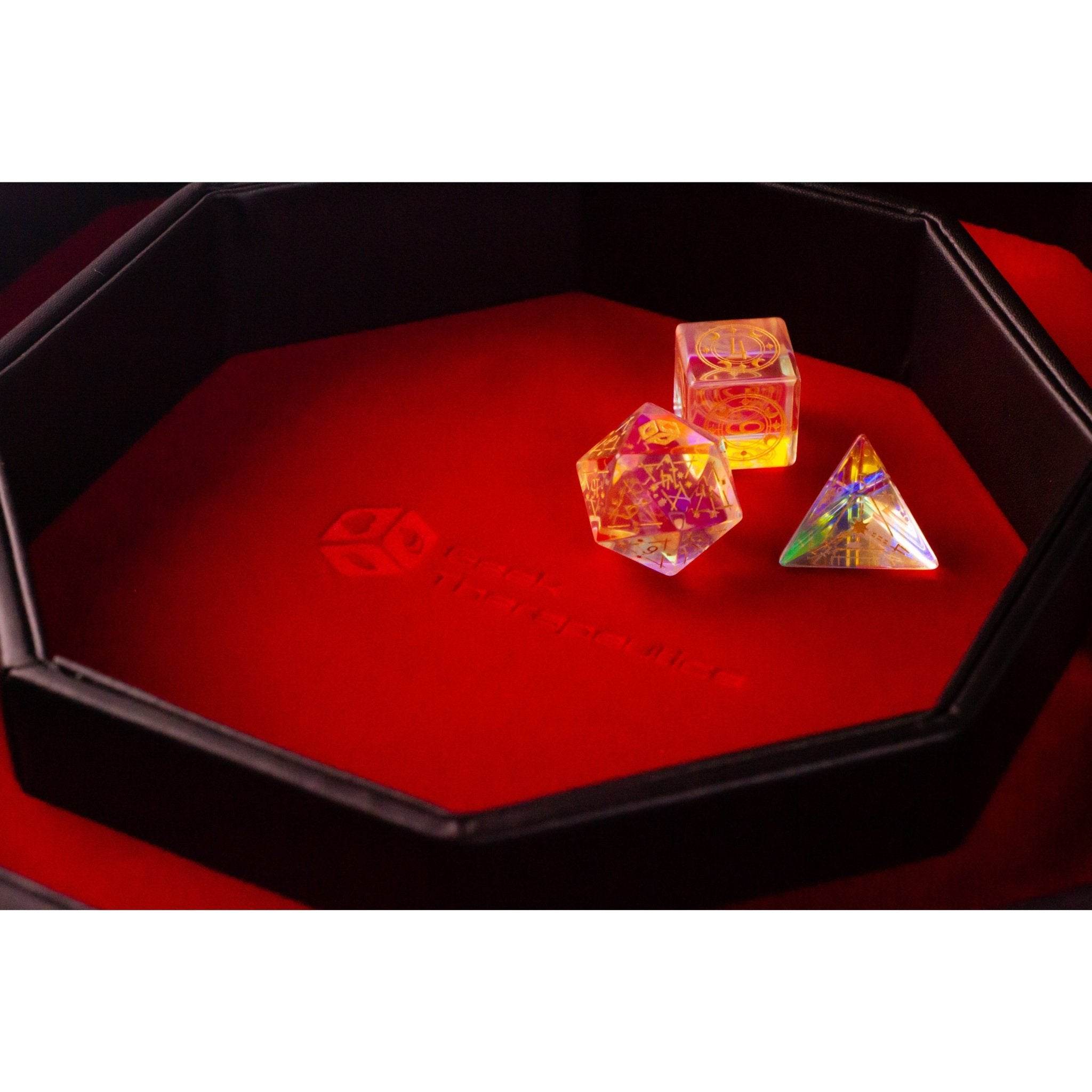 Leather Dice Vault With Lid, Storage for 5 Sets of Dice, and Staging Area (Red, Green, Blue, Purple) - Red