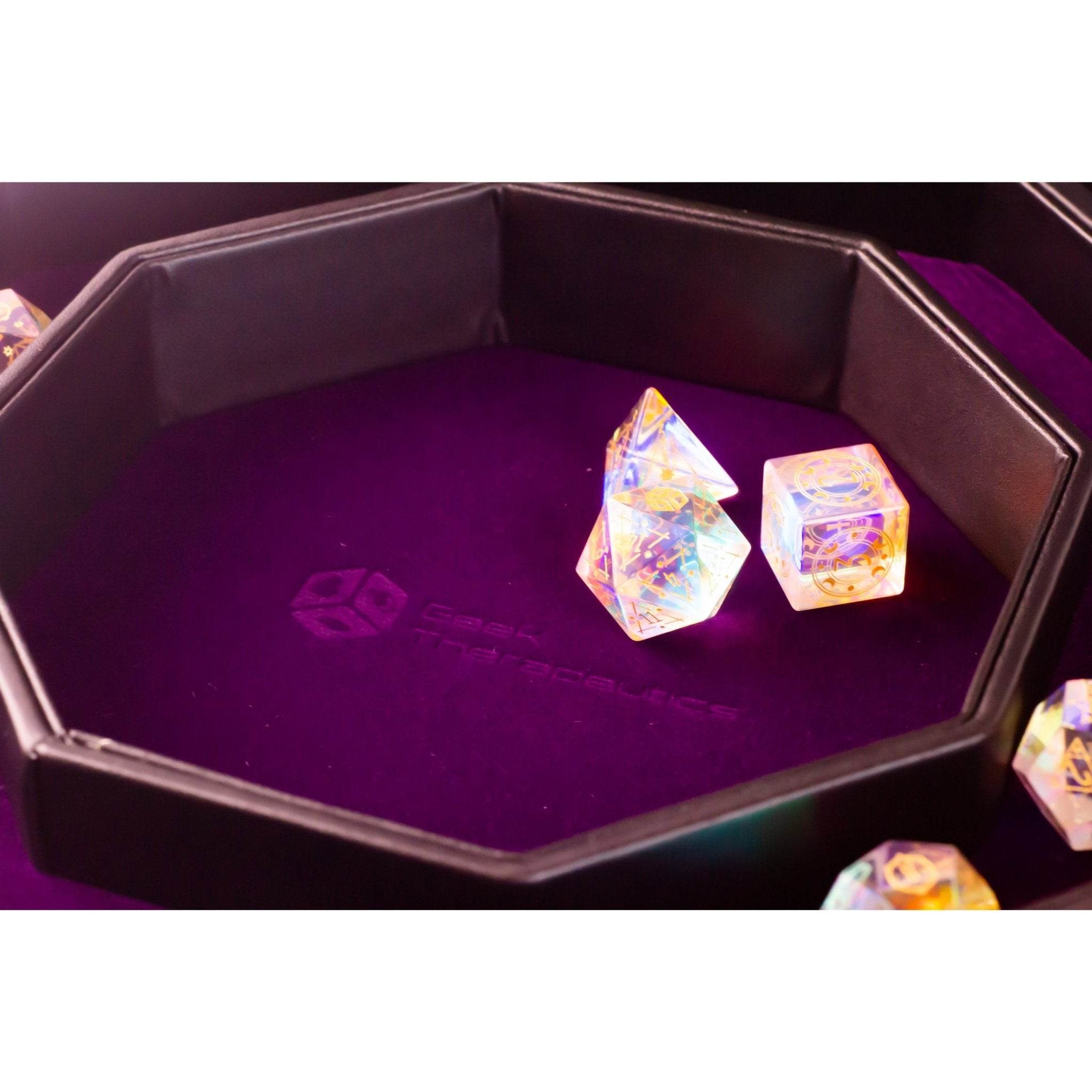 Leather Dice Vault With Lid, Storage for 5 Sets of Dice, and Staging Area (Red, Green, Blue, Purple) - Purple
