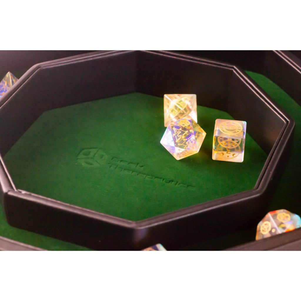 Leather Dice Vault With Lid, Storage for 5 Sets of Dice, and Staging Area (Red, Green, Blue, Purple) - Green