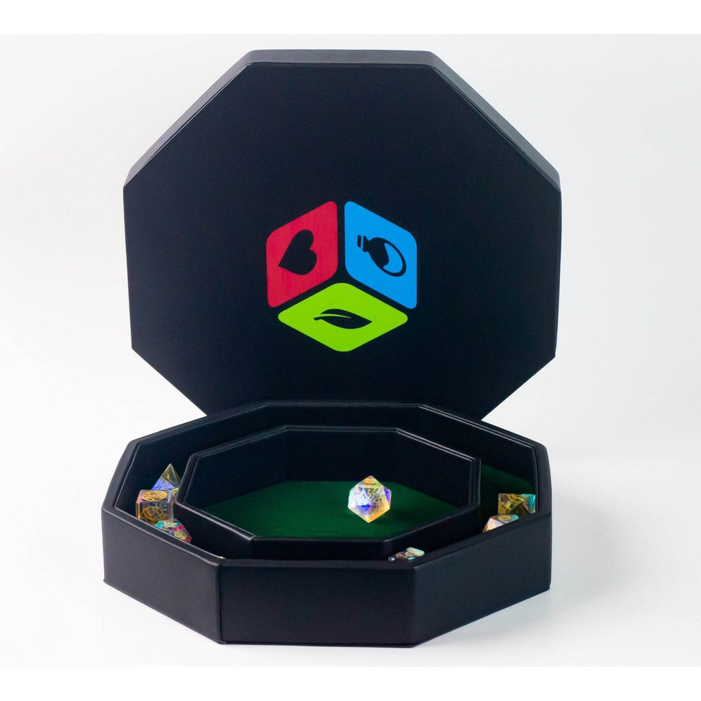 Leather Dice Vault With Lid, Storage for 5 Sets of Dice, and Staging Area (Red, Green, Blue, Purple) - Red