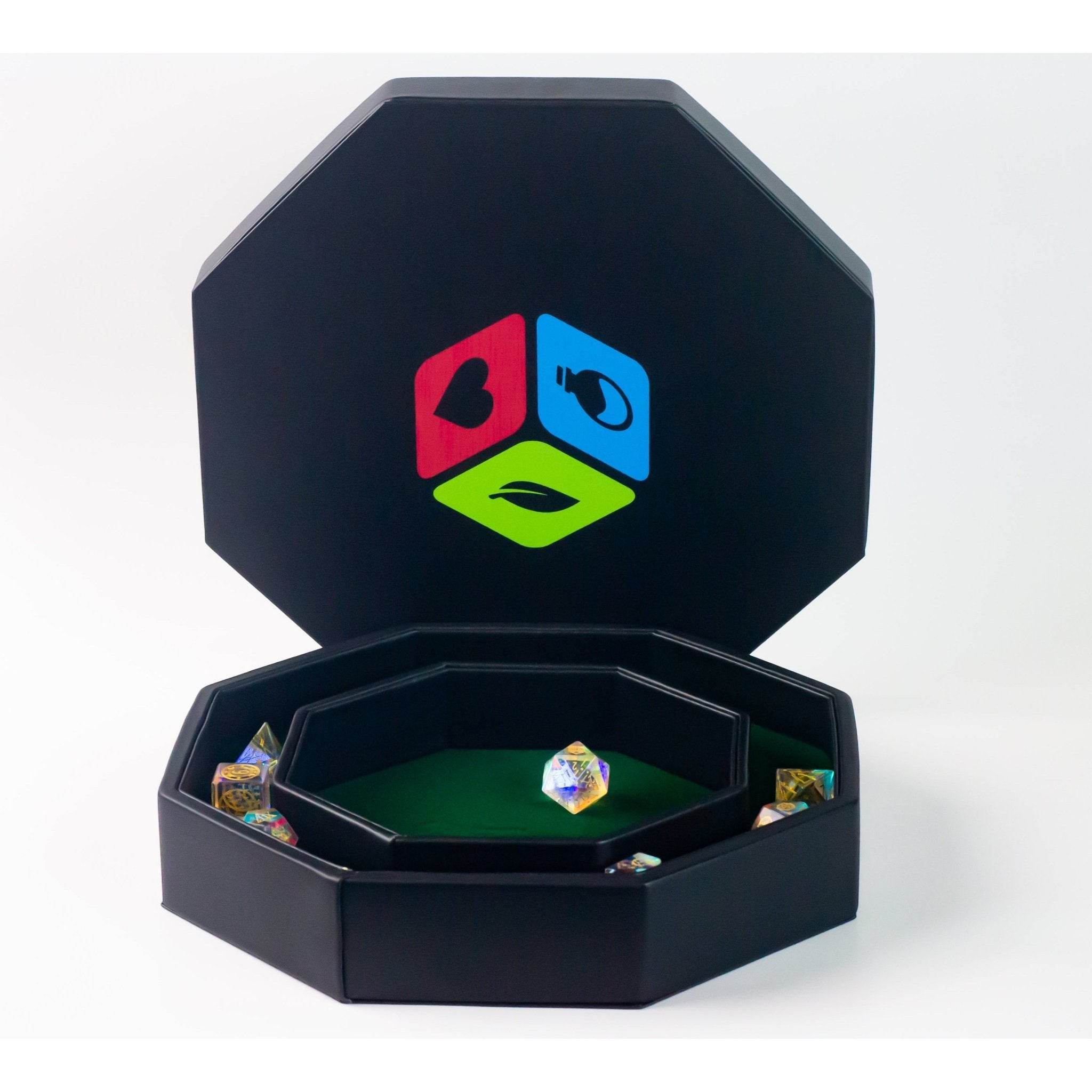 Leather Dice Vault With Lid, Storage for 5 Sets of Dice, and Staging Area (Red, Green, Blue, Purple) - Red