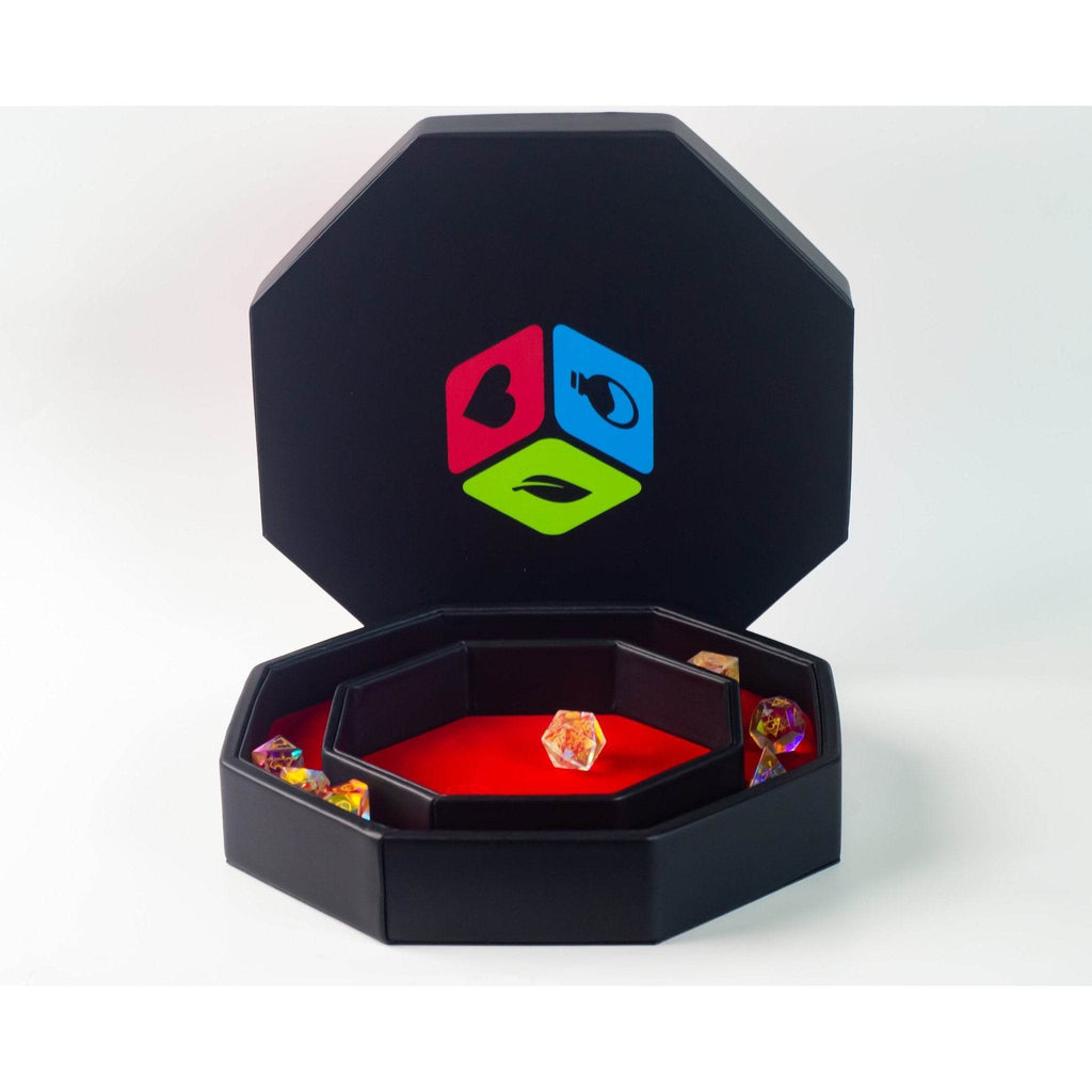 Leather Dice Vault With Lid, Storage for 5 Sets of Dice, and Staging Area (Red, Green, Blue, Purple) - Red