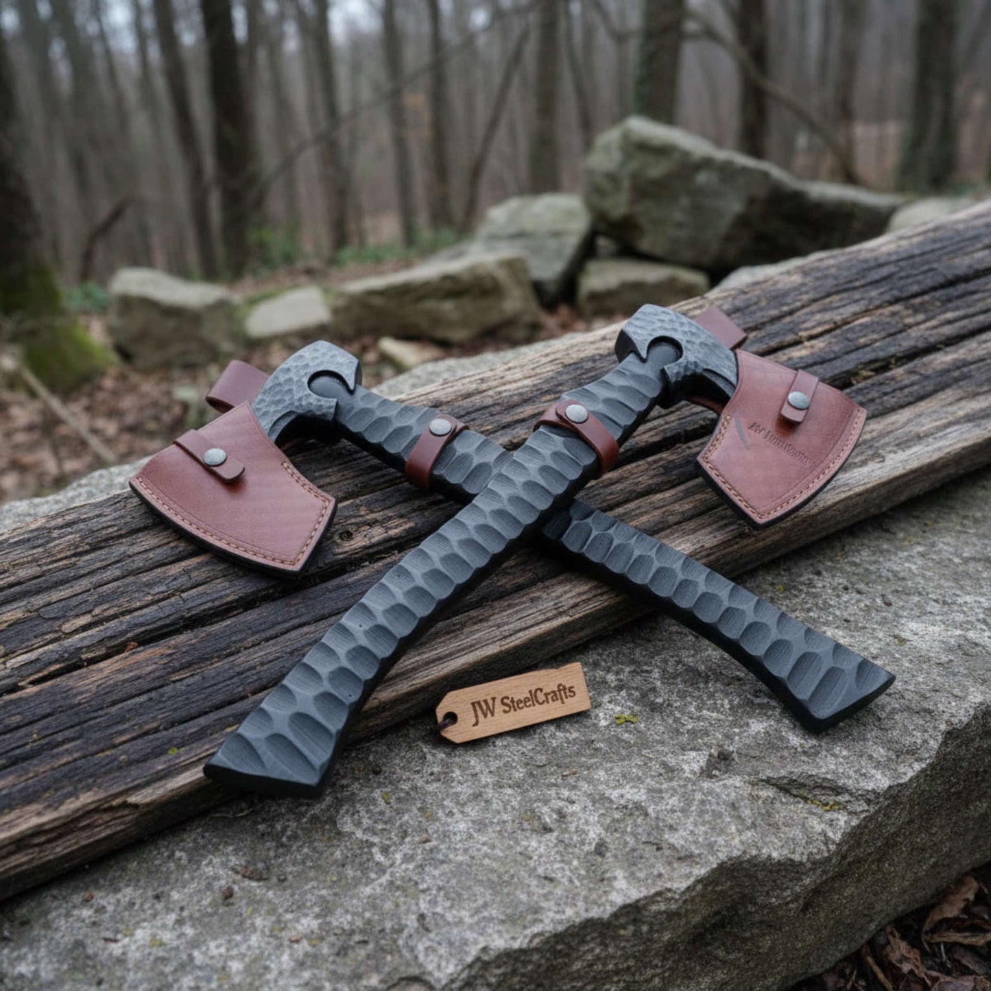 Forged Tool Axe Duo – Textured Steel Heads with Sculpted Hardwood Handles and Leather Sheaths