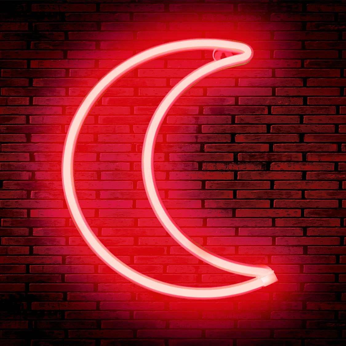 Pink Moon Neon Light - LED Night Light | Battery Powered & USB Glow Lamp - Red
