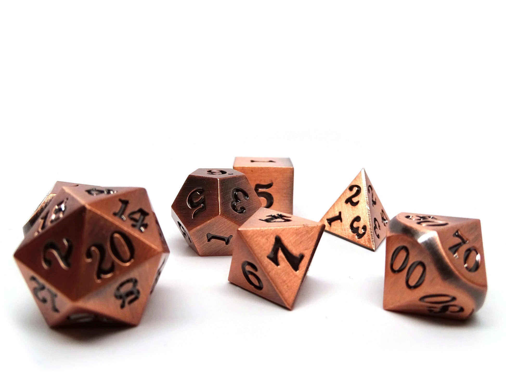 Legendary Copper 7 Piece Metal Dice Set - Black Signature Font